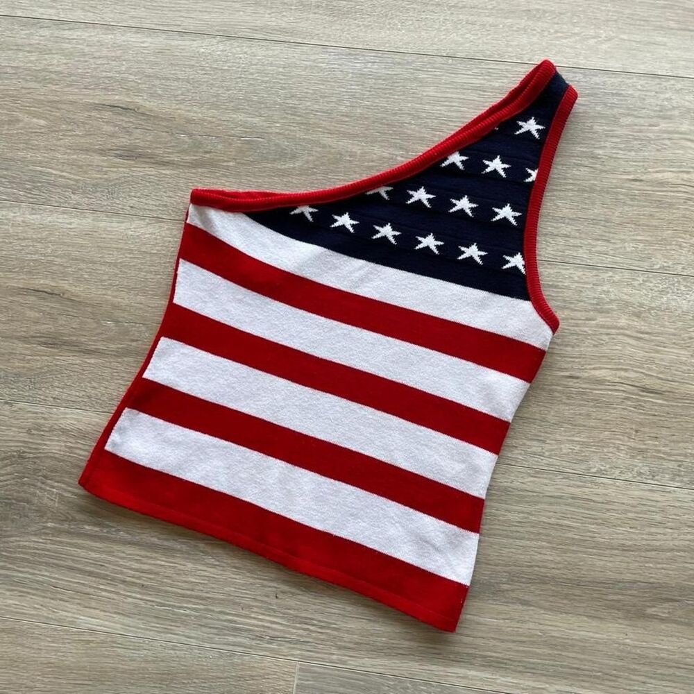American Vintage One-Shoulder Stars & Stripes Crop Top in Red, White & Blue